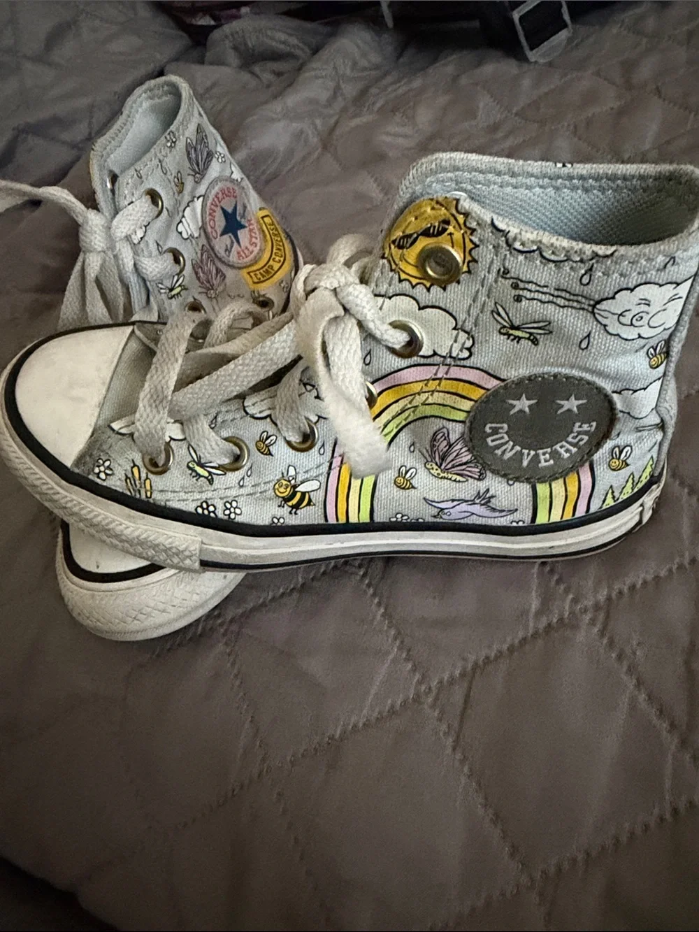 Converse Kids High-Top Sneakers in Light Gray with Yellow & Pink Accents
